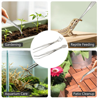 Ruatu 2 PCS Stainless Steel Garden Tweezers Set 2-in-1 Long Plant Tweezers Gardening Tools with 8.9" Curved Tine & 8.7" Straight Rake for Plants, Lawn, Bonsai, Succulents