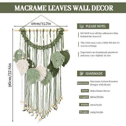 Chihutown Macrame Wall Hanging, Cotton Macrame Wall Decor, Boho Tapestry for Farmhouse, Coffee Shop and Office, Handmade Sage Green Leaf Hanging Tapestry, Living room Decor and Accessories (Green)