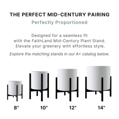 FaithLand 8 Inch Fiberstone Planter - Lightweight Modern Cylinder Plant Pot with Drainage Hole & Plug, Indoor Outdoor Use, Matte White