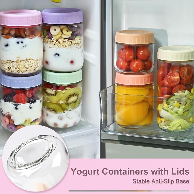 Overnight Oats Containers with Lids, 24oz Wide Mouth Mason Jars with Lids, 9 Pack Glass Jars with Airtight lid for Chia Pudding Yogurt Salad, Meal Prer Oatmeal Jars, Pink