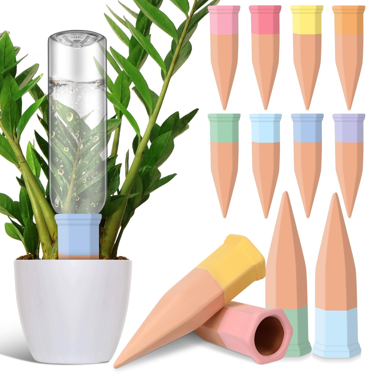 DoubleFill 8 Pcs Terracotta Plant Watering Spikes Self Watering Planter Insert Automatic Plants Waterer Devices 8 Colors Slow Release Stakes for Indoor Outdoor Vacation