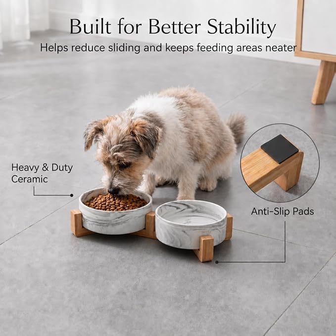 Ceramic Dog Bowls with Non-Slip Bamboo Stand - Dog Food and Water Bowl Set Ideal for Cats and Small Dogs - Double 5.1" Pet Dishes, Each Feeder Holds 1.4 Cups / 10.8 fl oz - Black Marble