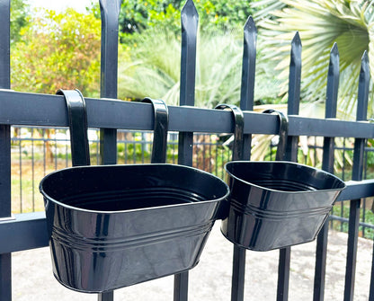 Joyfernal 2 Pack Metal Hanging Planter for Outdoor Plants, 10 Inch Black Fence Planters Railing Pots for Garden Patio Balcony Decor, Flower Bucket with Detachable Hooks (Black, 2Pcs)