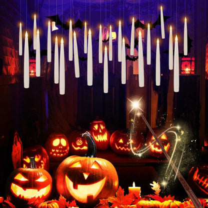 TLNFHRPI 24 Pack LED Floating Candles with Wand Remote, 6.5 Inch Flameless LED Taper Candles with Flickering Warm Light, Hanging Suspended Candles for Home Decor, Party and Halloween