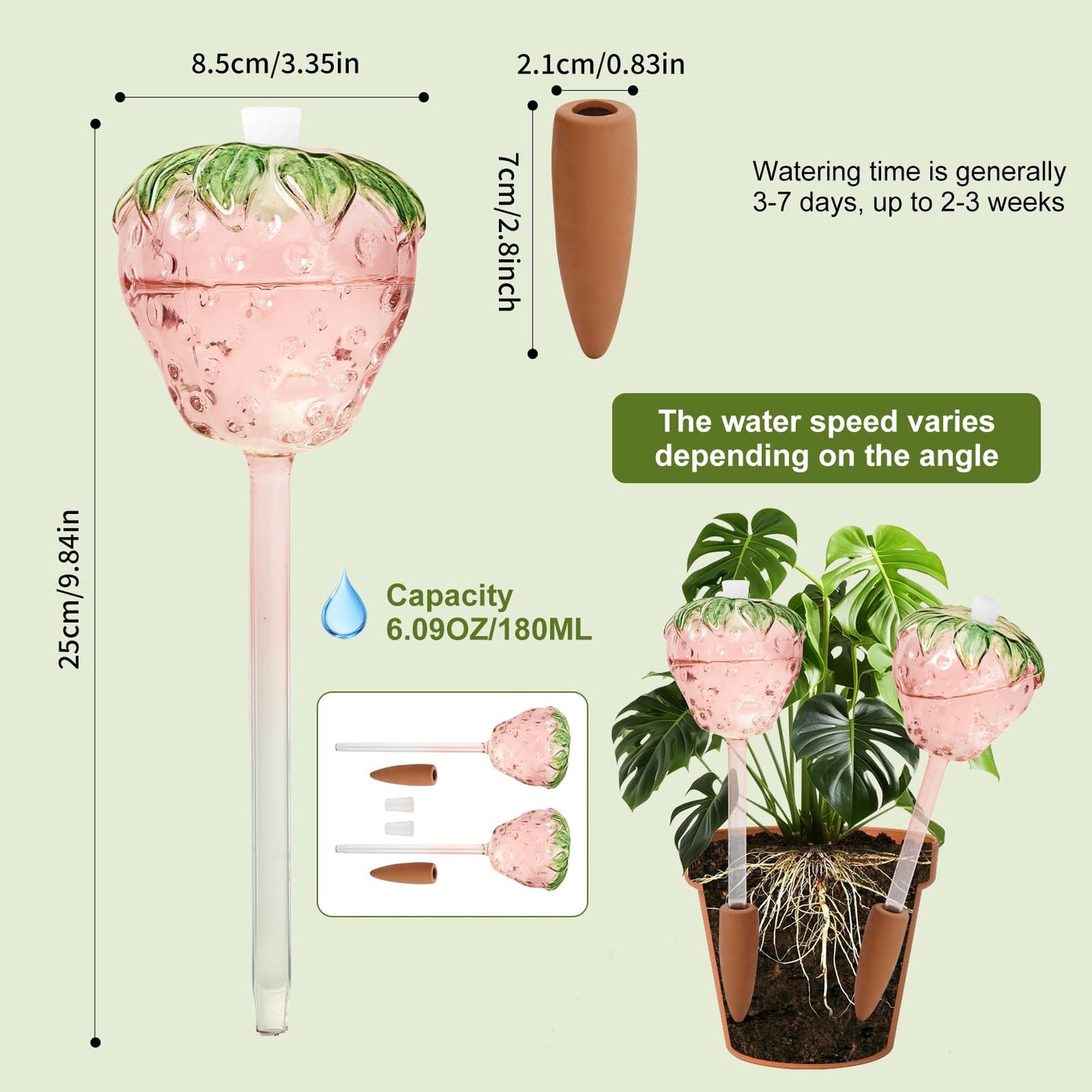 Yurucenus Strawberry-Shaped Glass Plant Watering Globes (Set of 2) - Vacation Plant Watering Devices with Terracotta Spikes, Top-Fill Watering Globes, Self Watering Planter Insert for Plants