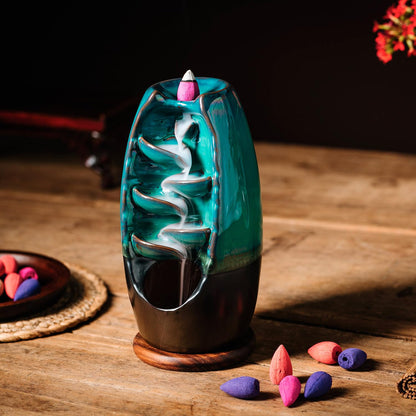 INONE Ceramic Incense Burner with 100 Upgraded Cones, Waterfall Backflow Incense Holder, Aromatherapy Ornament, Zen Decor, Home Decor, Room Decor (Cyan)