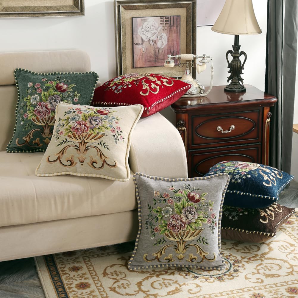 Qupace Set of 2 Brown Vintage Embroidered Throw Pillow Covers 18x18in,Floral Cushion Cover for Sofa Couch Bedroom,Coffee Pillow Covers