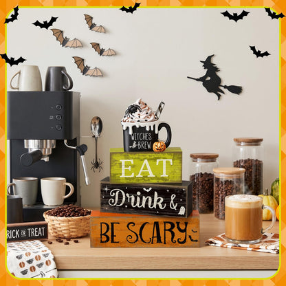 Lineshading 4 Pcs Halloween Table Decor - "Eat Drink & Be Scary" Witch Brew Themed Stackable Block Signs, Rustic Farmhouse Halloween Table Centerpieces for Home Kitchen Dining Coffee Bar
