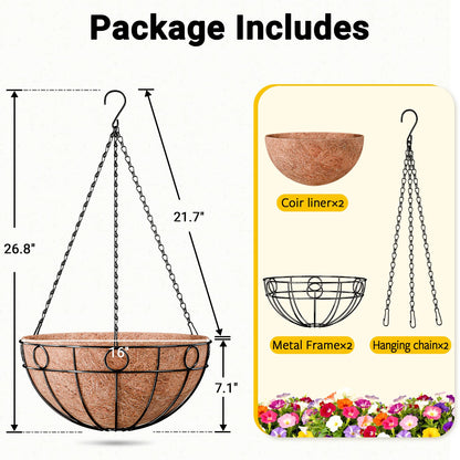 ZeeDix 16 Inch Large Hanging Baskets for Plants Outdoor, 2 Pack Round Metal Wire Planter Basket with Coco Coir Liner, Hanging Flower Pots for Garden Yard Patio Porch Balcony Decor