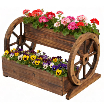 PUPATIOB Wooden Planter Box, 2-Tier Wagon Wheel Garden Planter with Wheels, Rustic Farmhouse Flower Cart Outdoor Decorative Vertical Raised Bed for Patio, Porch, Herbs & Succulents, Carbonized, Large