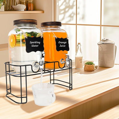 Waymind 1 Gallon Glass Drink Dispensers with Wood Lid, 2 Pack Clear Beverage Dispenser with Stand and Spigot for Parties, Lemonade Dispenser with Markers and Chalkboard for BBQ, Picnic
