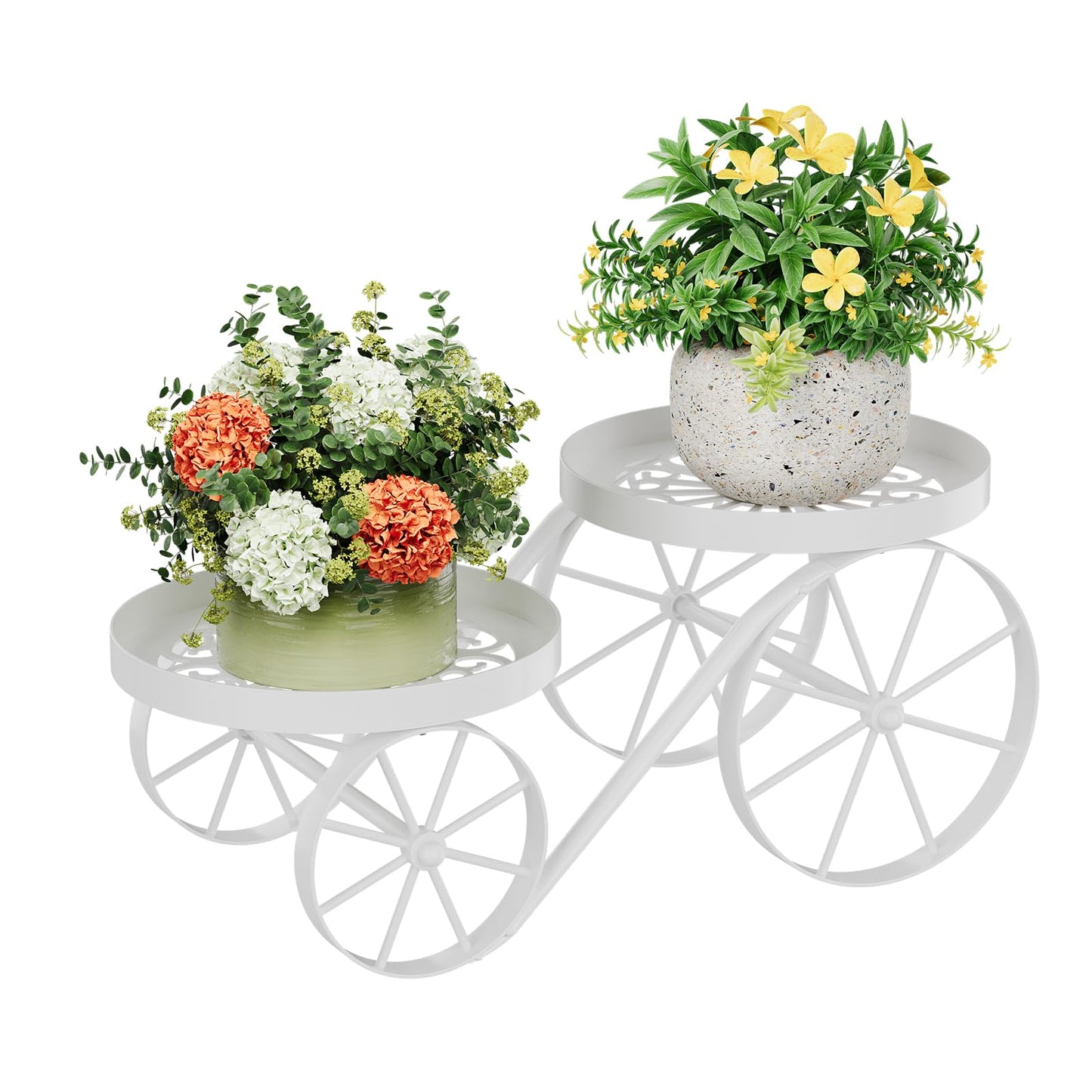 Cute Plant Stand Indoor Outdoor 2-Tier Metal Heavy Duty Flower Pot Holder with Decorative wagon wheels, Multi-Use Planter Display Rack Shelf for Garden Patio Balcony Living Room Corner (White)