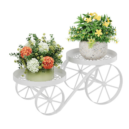 Cute Plant Stand Indoor Outdoor 2-Tier Metal Heavy Duty Flower Pot Holder with Decorative wagon wheels, Multi-Use Planter Display Rack Shelf for Garden Patio Balcony Living Room Corner (White)