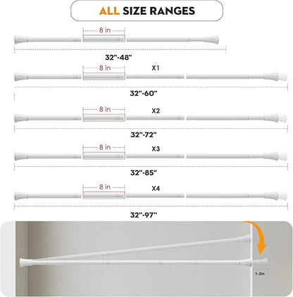 1.1 Inch Diameter Tension Closet Rods for Hanging Clothes 32-97 Inch, Adjustable Pole Closet to Hang Clothes, Heavy Duty Closet bar for Wardrobes with No Drilling Holder, White