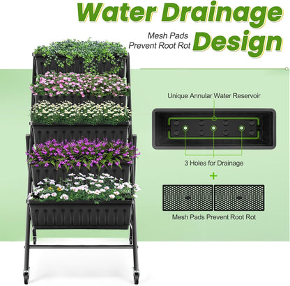 TEANDE 2 Pack Vertical Raised Garden Bed with Wheels, 5-Tier Elevated Planter Box w/Drainage System & 4 Hooks for Herbs Vegetables Flowers, Vertical Garden Planter for Patio Yard Indoor Outdoor