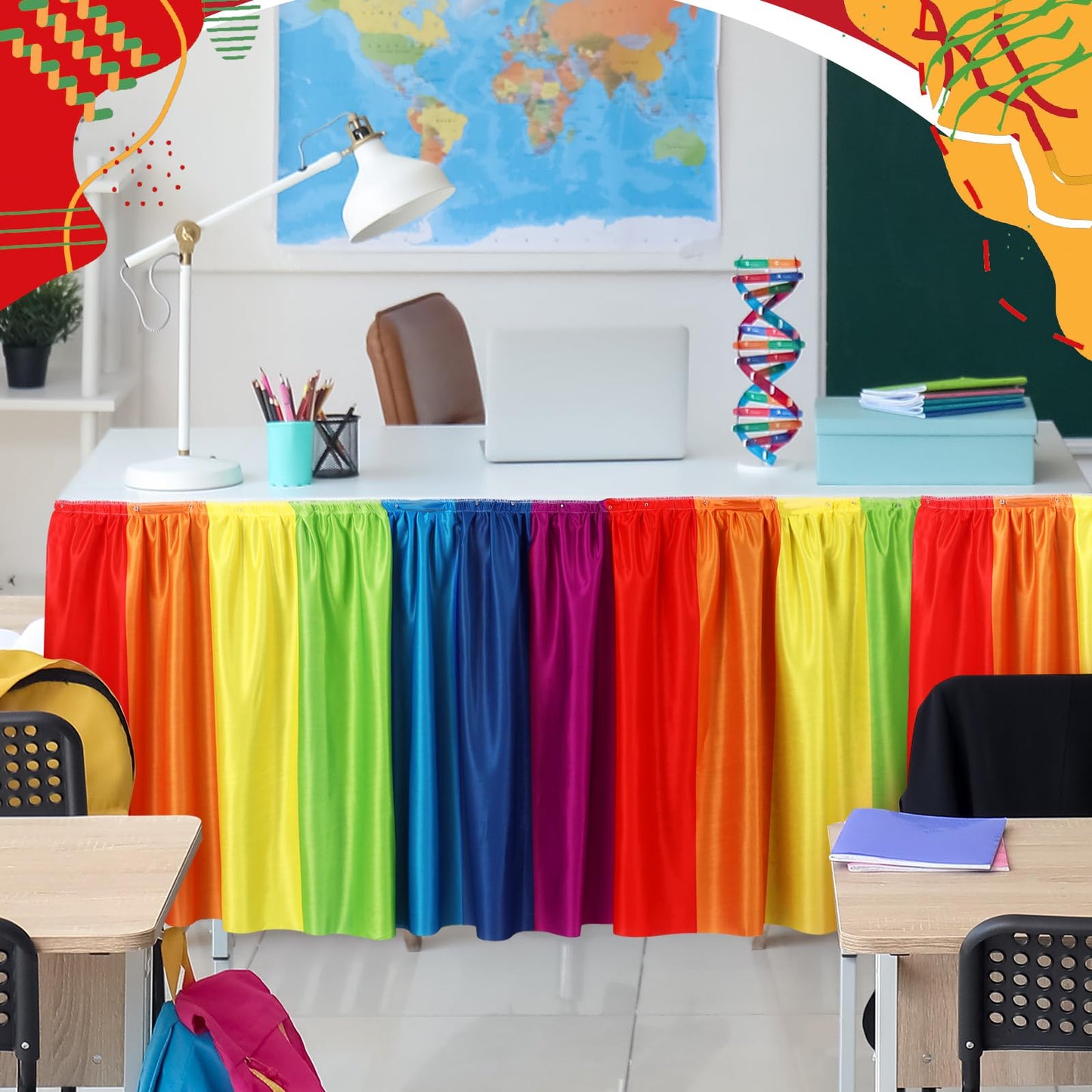 Oudain 14 ft Rainbow Table Skirt Cloths for Teacher Desk Boho Colorful Wrinkle Rainbow Table Cover Skirt for Kindergarten Classroom Kidney Shaped Desk Back to School Supplies