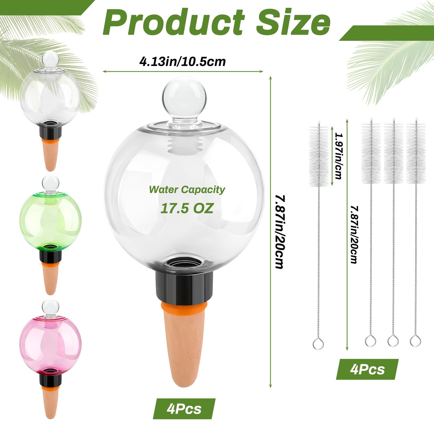 Solaradgy 4pcs Plant Watering Globes with 4 Cleaning Brushes, Colorful Self Watering Bulbs (2 White, 1 Green, 1 Pink), Slow Release Water Spikes, Automatic Plant Watering Devices for Indoor Plants