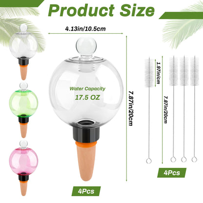 Solaradgy 4pcs Plant Watering Globes with 4 Cleaning Brushes, Colorful Self Watering Bulbs (2 White, 1 Green, 1 Pink), Slow Release Water Spikes, Automatic Plant Watering Devices for Indoor Plants