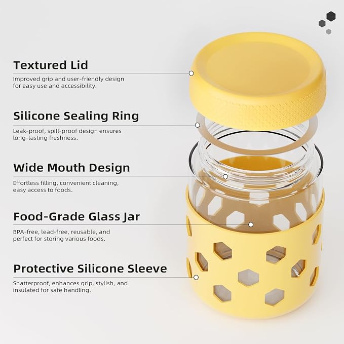 Overnight Oats Containers with Lids and Silicone Sleeve, 6 Pack Wide-Mouth Glass Food Storage Jars, 16oz Mason Jar Style Containers Perfect for Yogurt, Oatmeal, Fruit, Snacks and Meal Prep