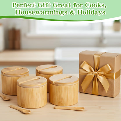 KongTiva 4 Pcs Bamboo Salt Cellar with Built-in Spoon and Magnetic Swivel Lid, Bamboo Salt and Pepper Containers, Seasoning Storage Holder Box for Salt, Pepper, Sugar, Spice, 6 oz