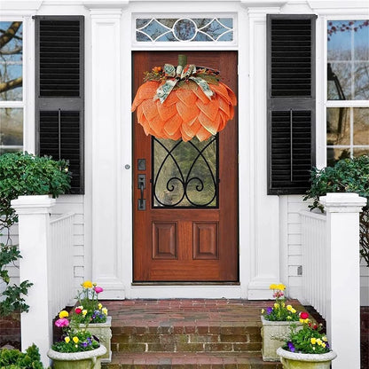 Farmhouse Pumpkin Wreath for Front Door, Autumn Wreath with Bows and Berries, Burlap Pumpkin Garland for Autumn Fall Halloween Thanksgiving Wall Decor