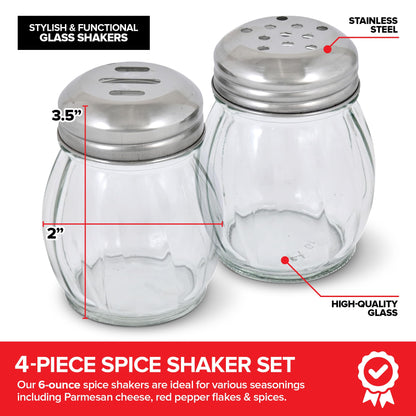 6oz Glass Spice Shaker & Cheese Dispenser Set of 4-6 Ounce with Slotted and Perforated Stainless Steel Tops - Clear Glass Grated Parmesan Cheese Shaker, Red Pepper Shaker, Shakers for Seasonings