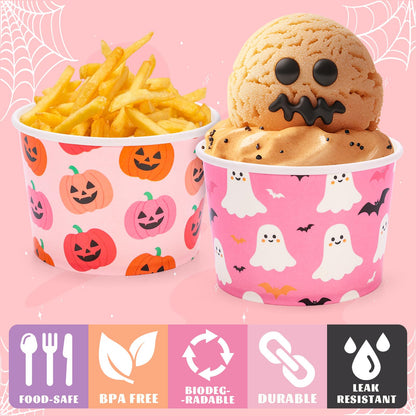 Whaline 60 Pcs Halloween Snack Cups Pink Black Pumpkin Ghost Bats Disposable Bowls 9oz Ice Cream Dessert Treat Paper Bowls for Hot Iced Food Birthday Trick or Treat Party Supplies