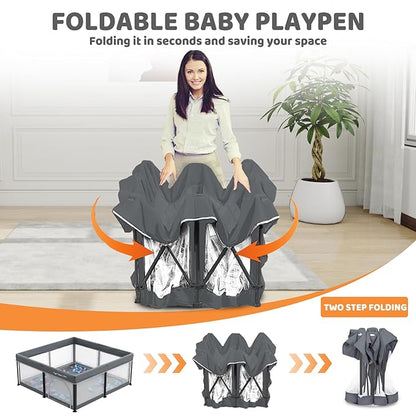 Taleco Gear Foldable Baby Play Pen with Mat, 50''x50'' Playpen for Babies and Toddlers, Playpen for Baby with Gate, Breathable,Foldable Travel Play Pen with 50 Ocean Balls