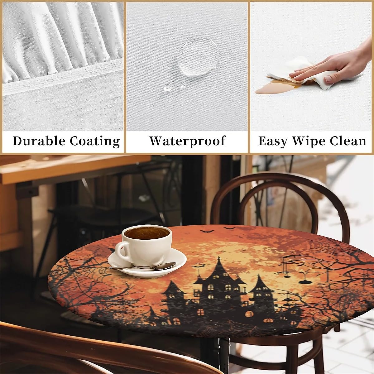 COTAIL Round Fitted Tablecloth with Elastic Edge Design Table Cover Waterproof Table Cloth Stain-Resistant for 32"-36" Round Table for Dining, Picnic, Party, Decor, Outdoor, Halloween