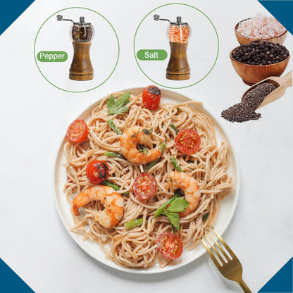 VEIZIBEE Salt and Pepper Grinder Set Manual Pepper Mill Set Classical Hand Shake Wooden Pepper Grinder Salt Mills Ceramic Blades Metal Handle, Enjoy Fresh Ground spices (Walnut color 2pcs-6in)
