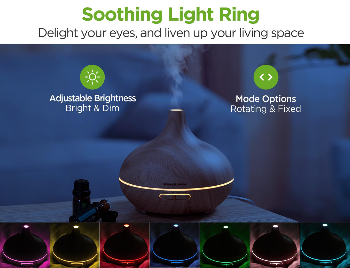 InnoGear Aromatherapy Diffuser & 10 Essential Oils Set, 400ml Diffuser Ultrasonic Diffuser Cool Mist Humidifier with 4 Timers 7 Colors Light Waterless Auto Off for Large Room Office, Dark Wood Grain
