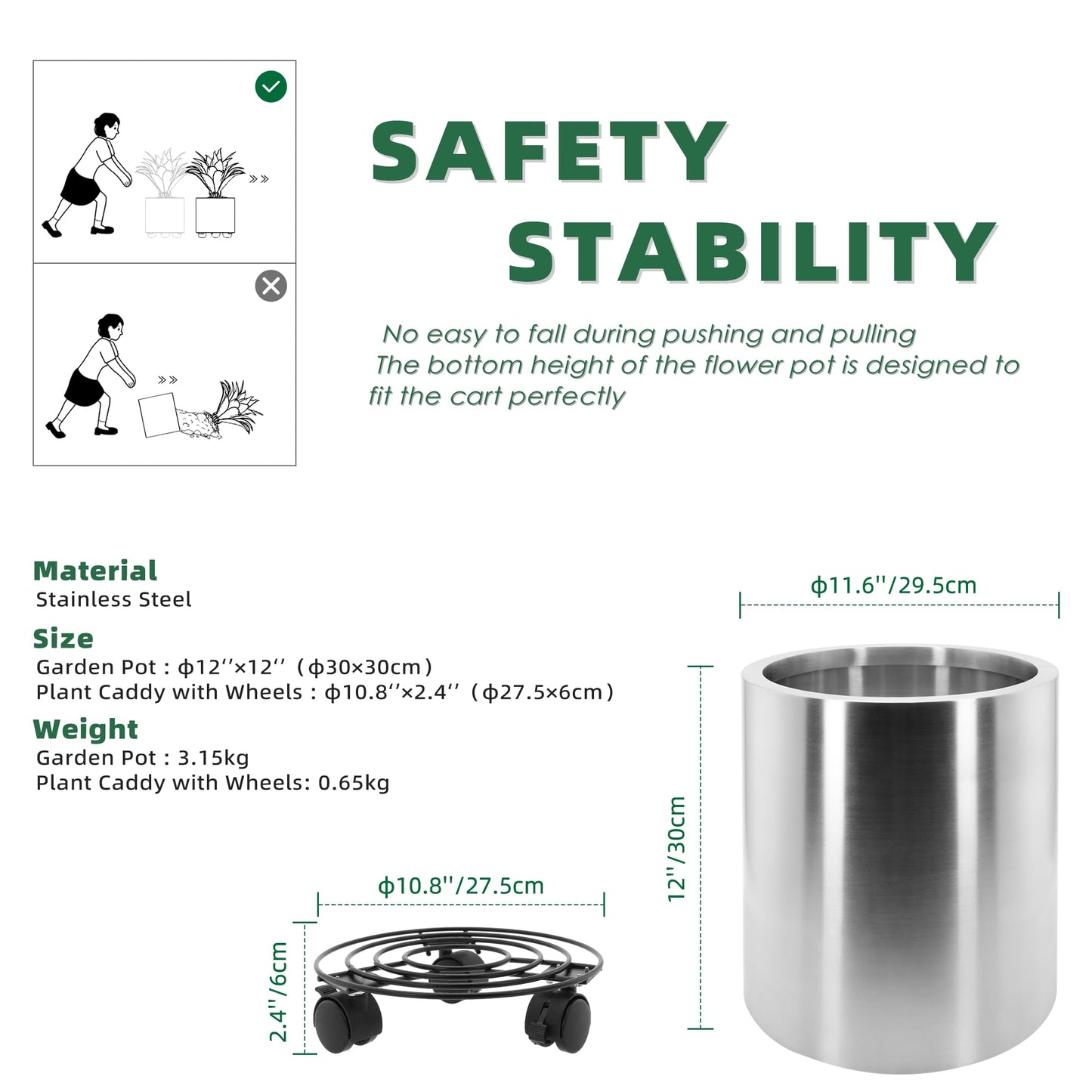 Longrun 11.8 Inch Dia Round Planter, Modern Indoor Outdoor Large Stainless Steel Plant Pot and Plant Caddy with Wheels for Home Patio Garden, Easy to Clean and Move