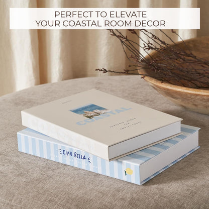 Beautiful Decorative Books - Set of 2 Coastal Room Decor Boxes Enhance Any Coffee Table, Bookshelf or Mantel Shelf - Aesthetic Fake/Faux Books for Modern Home Decoration, Photo Storage/Keepsake Box