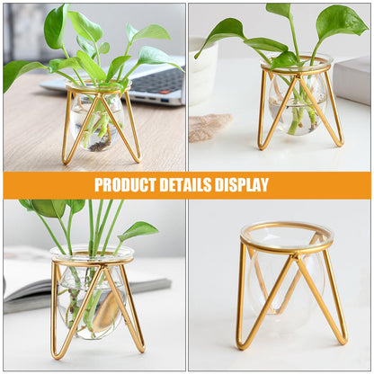 HOMSFOU Glass Vase with Metal Stand, Succulent Propagation Terrarium Planter Bulb, Desktop Air Plant Container for Indoor Water Plants and Greenery Décor