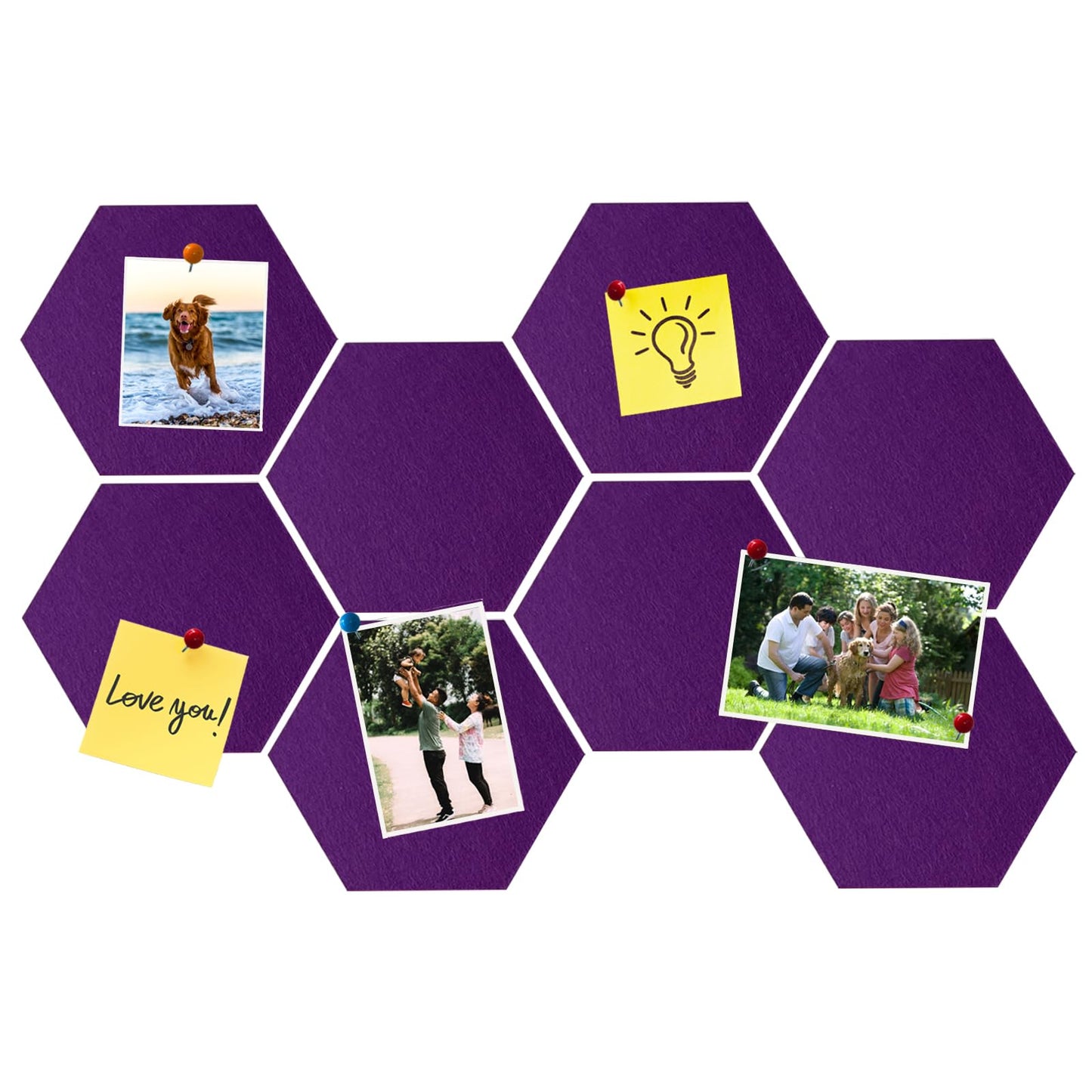 HULAVO 8 Pcs Hexagon Felt Cork Bulletin Board Tiles, Self Adhesive DIY Bulletin Board Pin Board for Office School Home Wall Decor Memos Photos Display(Purple)