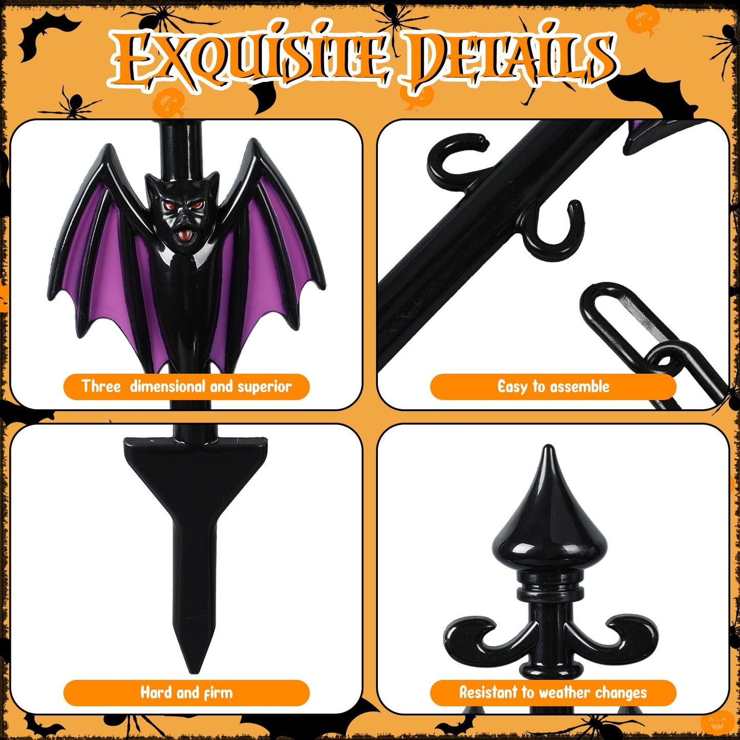Vercraft 10 Pack Halloween Fence for Garden Outdoor Halloween Yard Decorations Lawn Stake with Connecting Chain Spooky Cemetery Decor for Outdoor Yard Graveyard Pathway Haunted House Party(Bat)