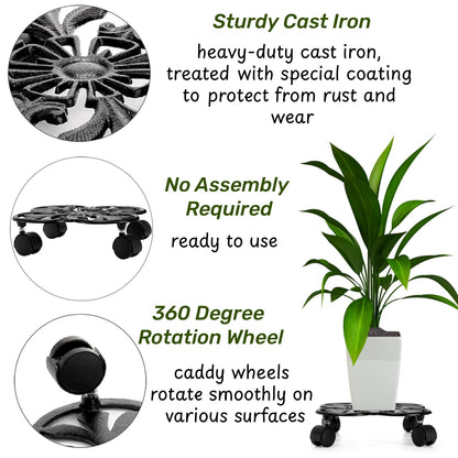 Goaste Cast Iron Plant Caddy, 11" Heavy Duty Plant Stand, Rustic Plant Trolley with 4 Rolling Wheels, Round Planter Holder for Outdoor Indoor, Large Plant Flower Pots, Load Capacity 330 Lbs (Black)