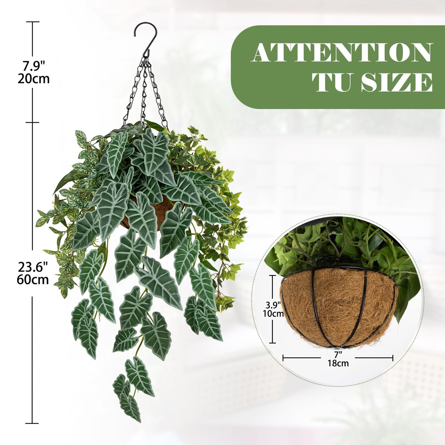 Fake Hanging Plant with Pot, Large Hanging Artificial Plants with Basket & Hanger Faux Greenery Plants Indoor Outdoor Decor Fake Alocasia Longiloba Plant in Pot for Wall Balcony Patio Office Bathroom