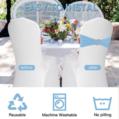 WJWHQ 100PCS Spandex Stretch Chair Sashes Bows Elastic Chair Cover Bands Ties with Buckle Slider for Wedding Party Reception Events Universal Ceremony Banquet Decorations(Baby Blue)