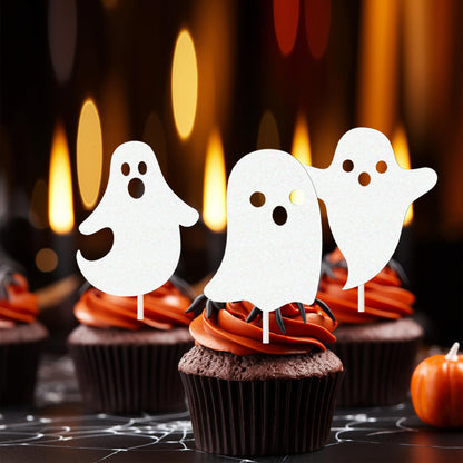 Halloween White Glitter Ghost Cupcake Toppers 24PCS Ghosts Baby Shower Cake Decorations Cute Ghost Cake Toppers for Happy Halloween Birthday Party Baby Shower Supplies