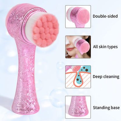 Face Brush 2 in 1, Facial Cleansing Exfoliating Scrubber Brush, Silicone Double Side Manual Face Wash Scrub Brush with Soft Bamboo Charcoal Fiber for Deep Pore Cleansing, Massaging, Skin Care