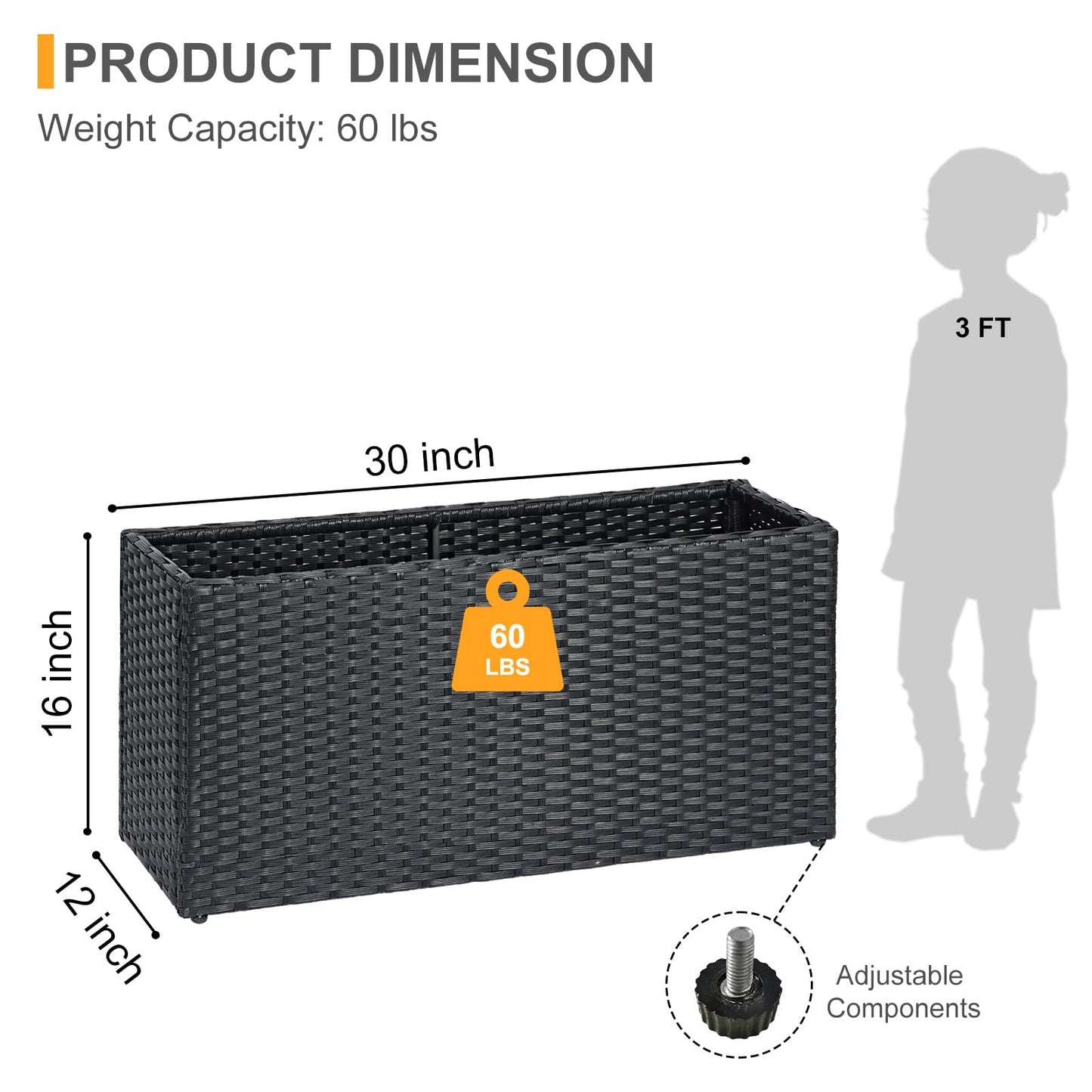 SUNNYPARK Black Rectangular Planter Box All-Weather PE Rattan Large Modern Planters with Removable Liner Indoor Outdoor Decorative Flower Pot for Patio, Balcony, Garden