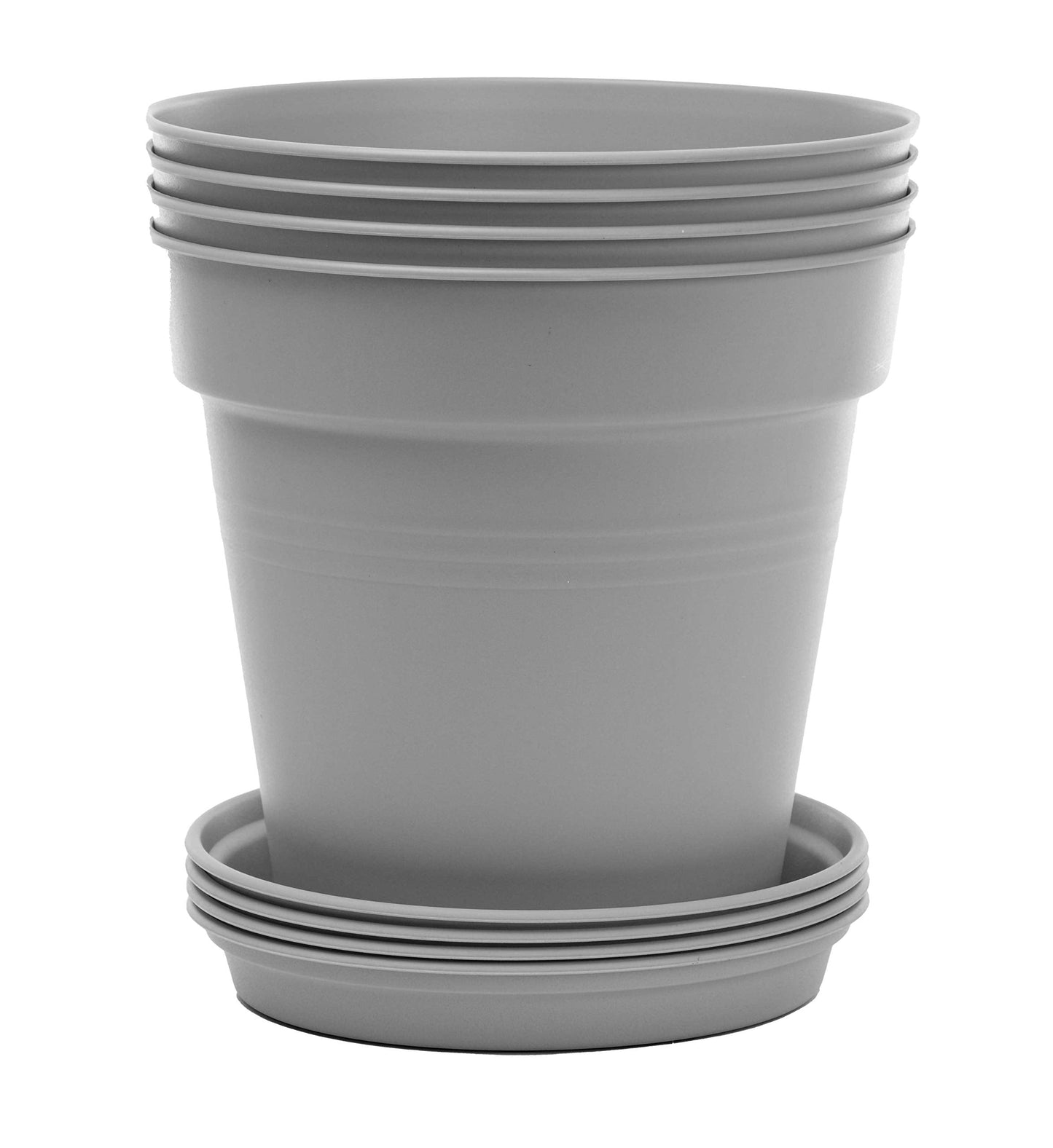 Mintra Garden Pots, 4 Pack Bulk Plastic Plant Pots with Drainage Tray, Round Indoor & Outdoor Decorative Planters with Drain Holes for Flowers, Herbs & Plants, 19cm Diameter – Grey, 7.5 in