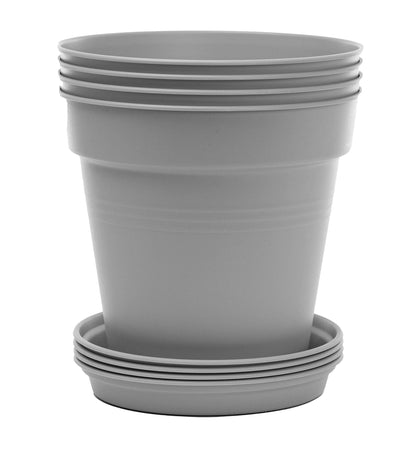Mintra Garden Pots, 4 Pack Bulk Plastic Plant Pots with Drainage Tray, Round Indoor & Outdoor Decorative Planters with Drain Holes for Flowers, Herbs & Plants, 19cm Diameter – Grey, 7.5 in