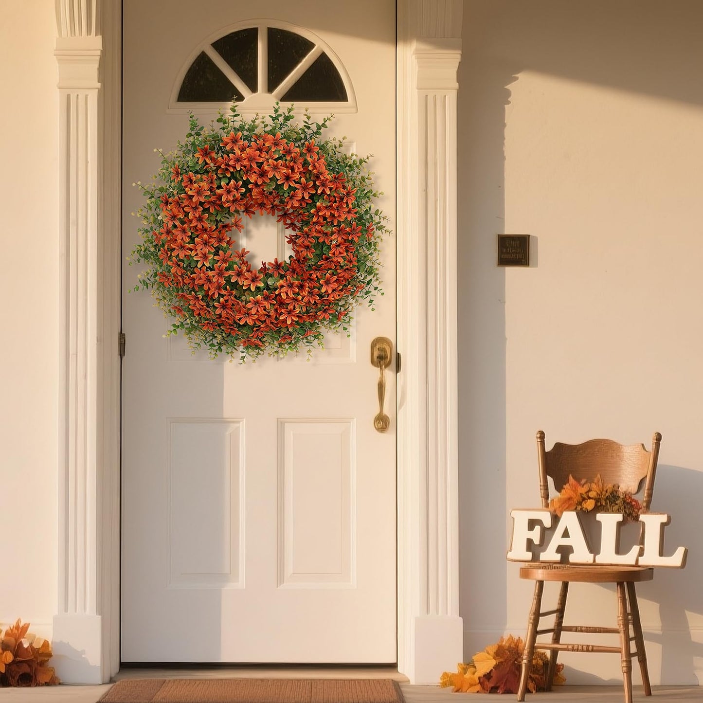 26" Fall Wreath for Front Door, Porch, Window - Large Artificial Eucalyptus Leaves with Fake Silk Flowers Outdoor Wreath for Home Farmhouse Harvest Festival Thanksgiving Day Autumn Decor