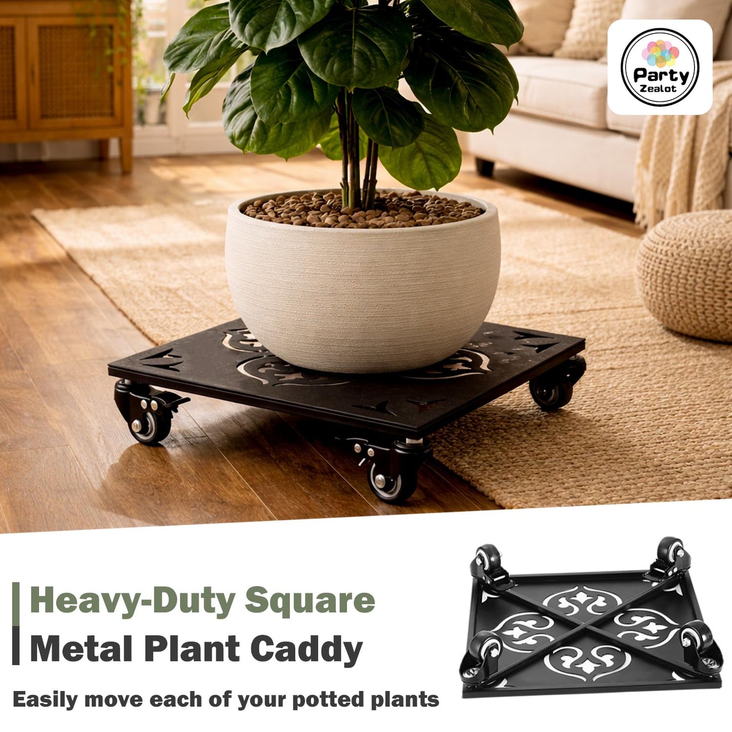 1 Pack Large Square Metal Plant Caddy with Wheels 13.5 Inches Heavy-duty Rolling Plant Stands with Casters Wheeled Flower Pot Mover Rollers Rust-proof Iron Planter Dolly Coasters Indoor Outdoor Use