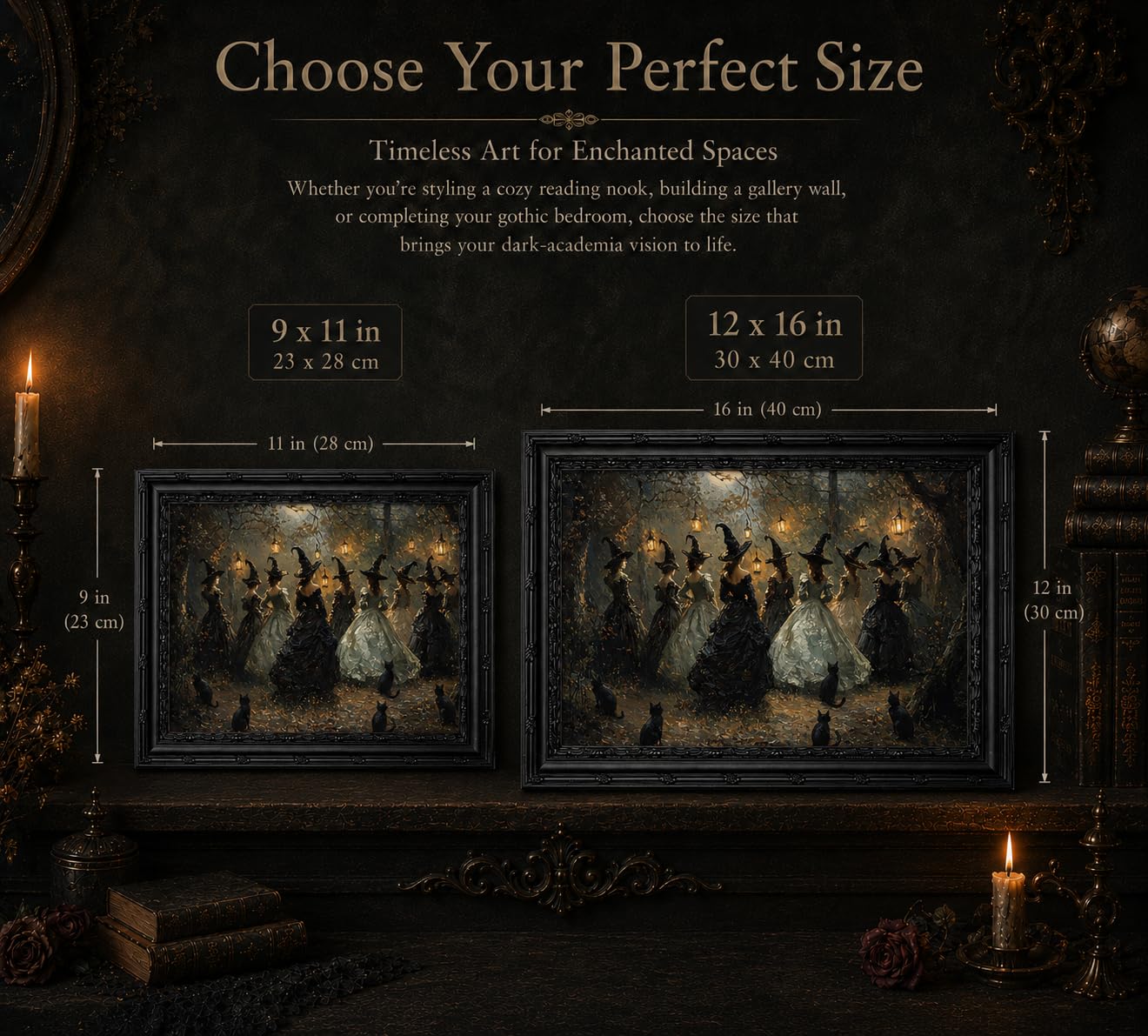 Framed Halloween Witch Wall Art, Moonlit Forest Witch Gathering Painting, Dark Academia Witchy Canvas Print, Black Ornate Framed Artwork with Black Cats. Ready to hang, 9x11in