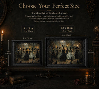 Framed Halloween Witch Wall Art, Moonlit Forest Witch Gathering Painting, Dark Academia Witchy Canvas Print, Black Ornate Framed Artwork with Black Cats. Ready to hang, 9x11in