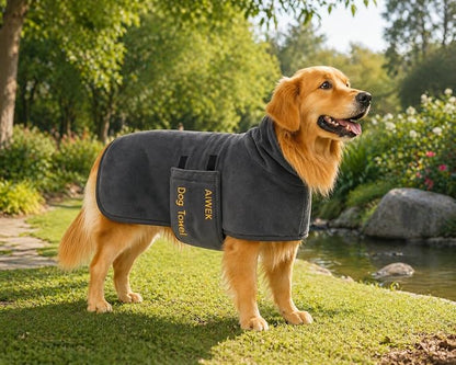 Dog Towel Dog Bathrobe, Microfiber Super Absorbent Pet, Quick Drying Robe for After Bath, Adjustable Collar & Belly Strap Pet Cat Bath Robe Towel Grey-L
