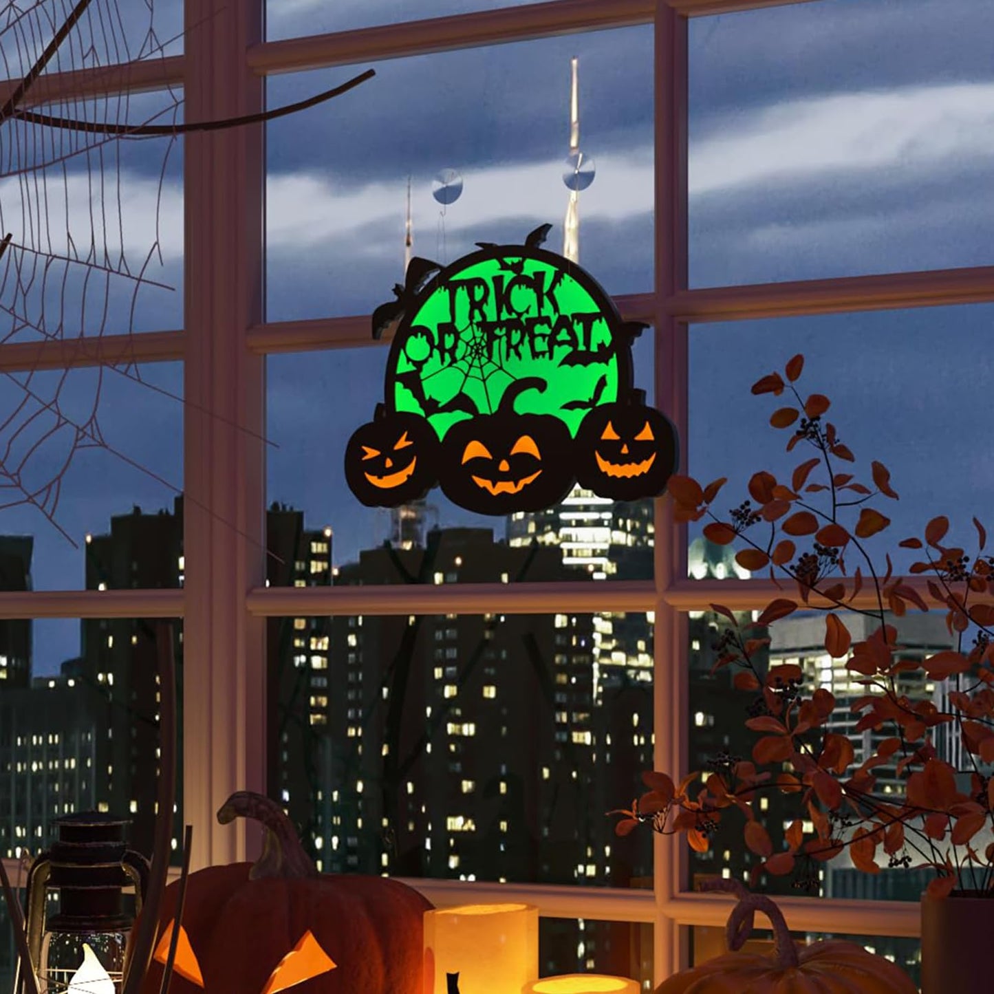 Halloween Pumpkin Lights, LED Connected Jack O Lantern With Light Up Green Moon, Bat Spider Web & Trick or Treat Wording, USB & Battery Powered With Timer, Halloween Decorations Kids Wall Window Art